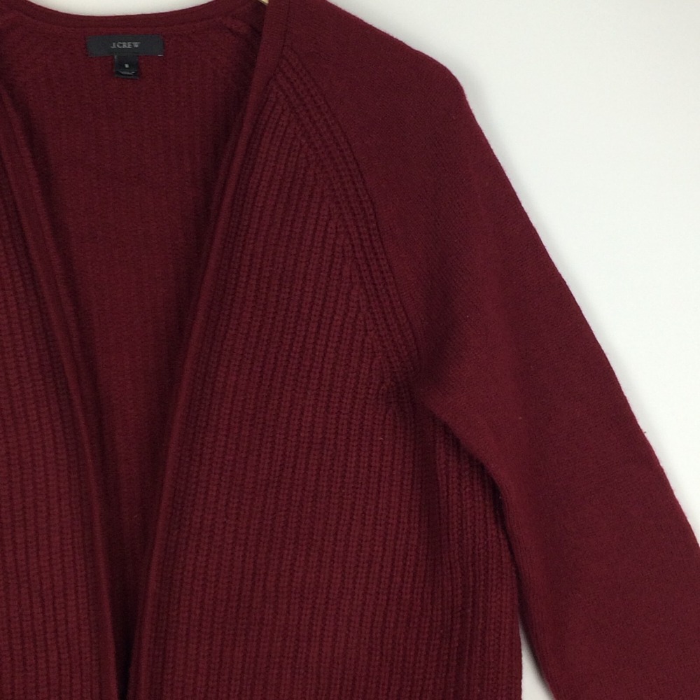 J Crew Sweater Womens Small Wool Burgundy Open Front Pockets Holidays Oversize‎ - Picture 2 of 16